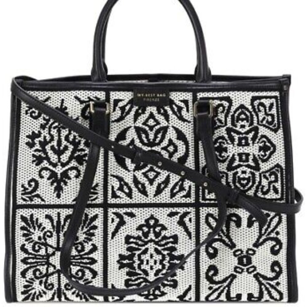 BNWT VIOLA CASTELLANI Italy Crochet Fabric Leather Bag Black White Shoulder Bag